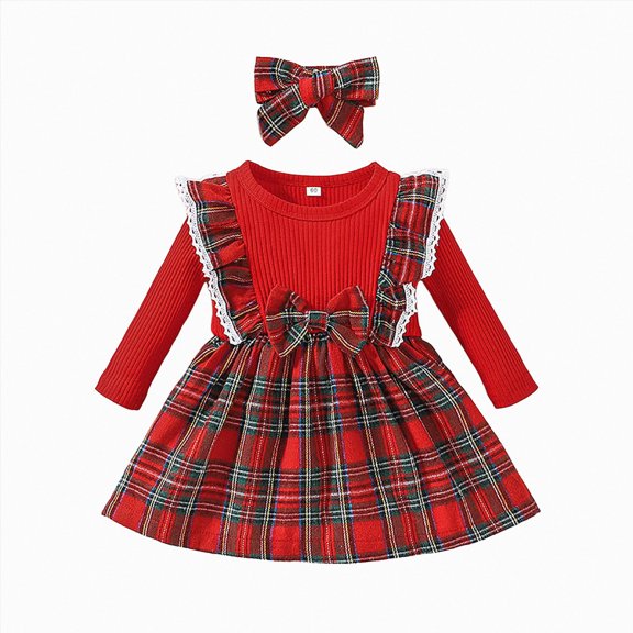 TTUHYWXI Baby Girl Clothes Ruffles Plaid Long Sleeve Dress with Bow Headband Fall Winter Outfit (Red,6-9M)