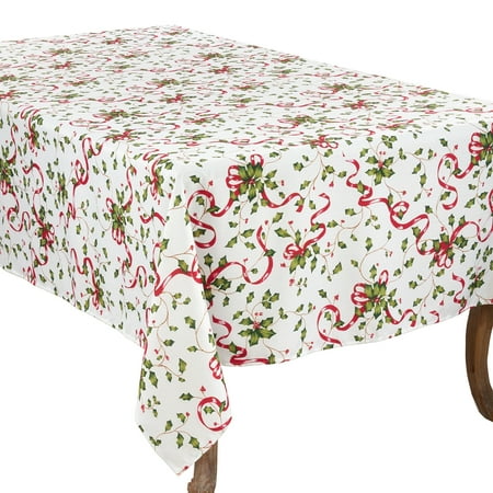 

Fennco Styles Christmas Holly Ribbon Print Tablecloth 60 x 84 Inch