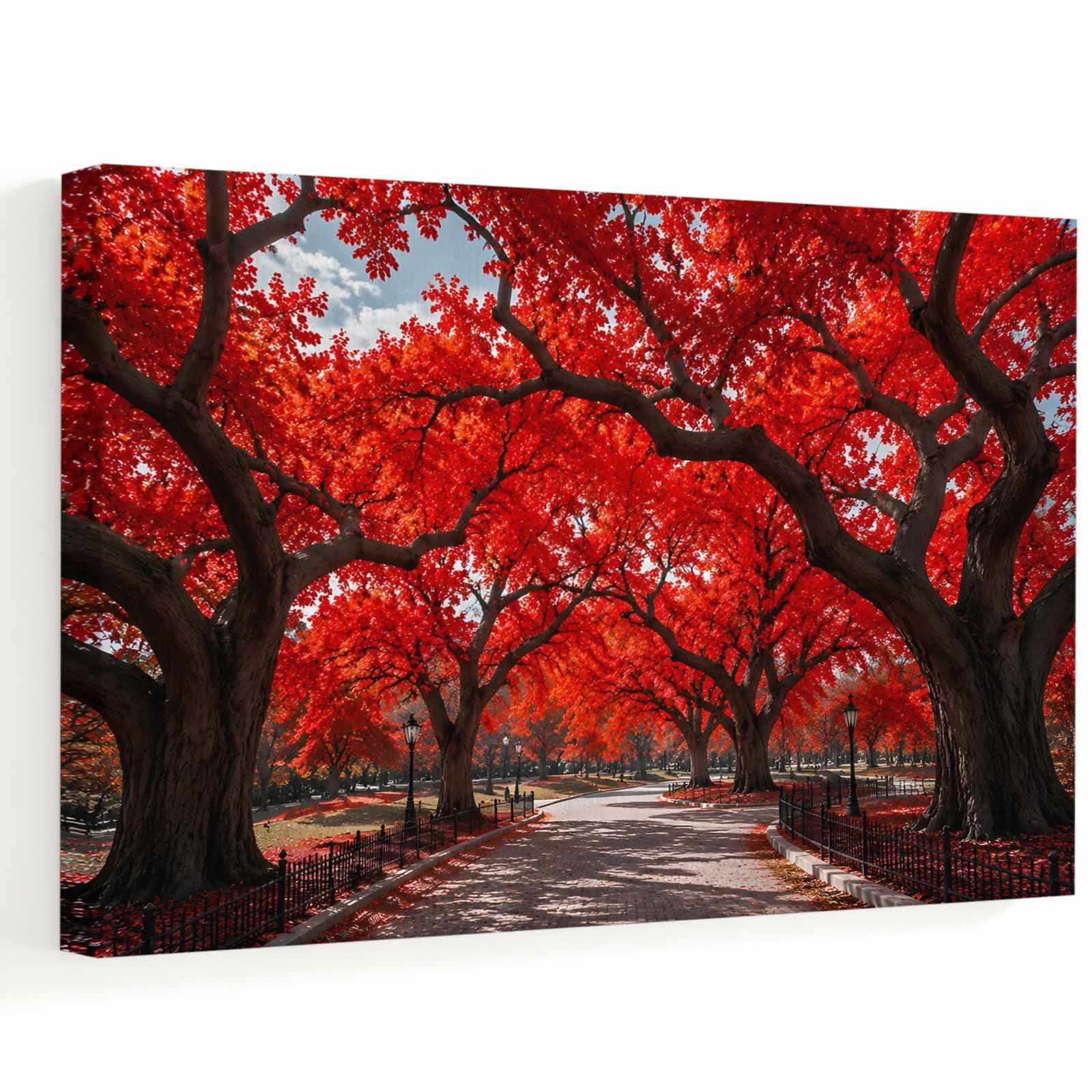 Red Tree Canvas Wall Art 24 x 20 Romantic Fall Rustic Path Park Fence Countryside Frame Picture Prints Ready to Hang Waterproof Artwork Decor for Living Room Above Sofa Bedroom