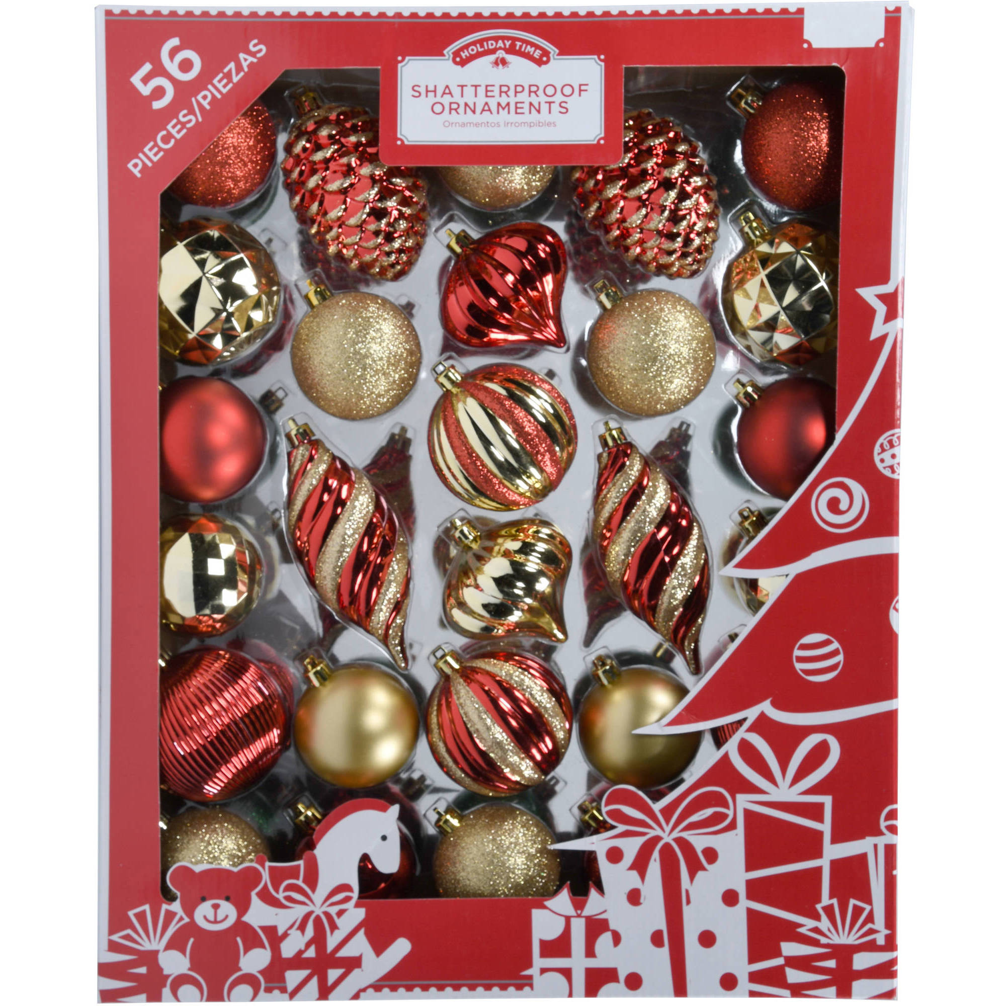 Holiday Time 60mm Christmas Ornaments Traditional Shatterproof, Set of 56 - Walmart.com 