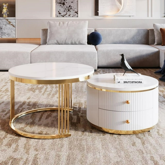 High-Quality White MDF Tables with Two Drawers and Elegant Gold Legs - Nesting for Space Saving