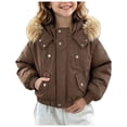 thumbnail image 3 of JUMEYU Jacket for Girls Cropped Faux Fur Hood Puffer Bomber Jacket for Girls Snap Front (Coffee,5-6 Years), 3 of 7