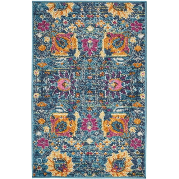 2’ x 3’ Denim Blue Florals Distressed Scatter Rug