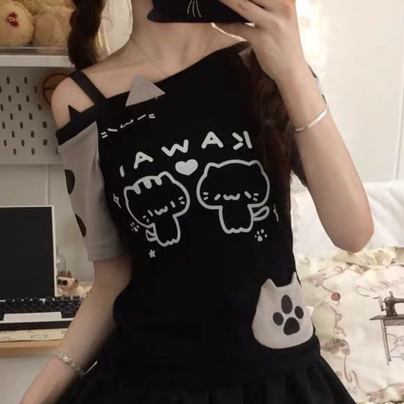 Trendfront Womens Kawaii Tee Cute Cat Graphic Cold Shoulder Strappy Short Sleeve T-Shirt Japanese Anime Harajuku Style Casual Goth Tops