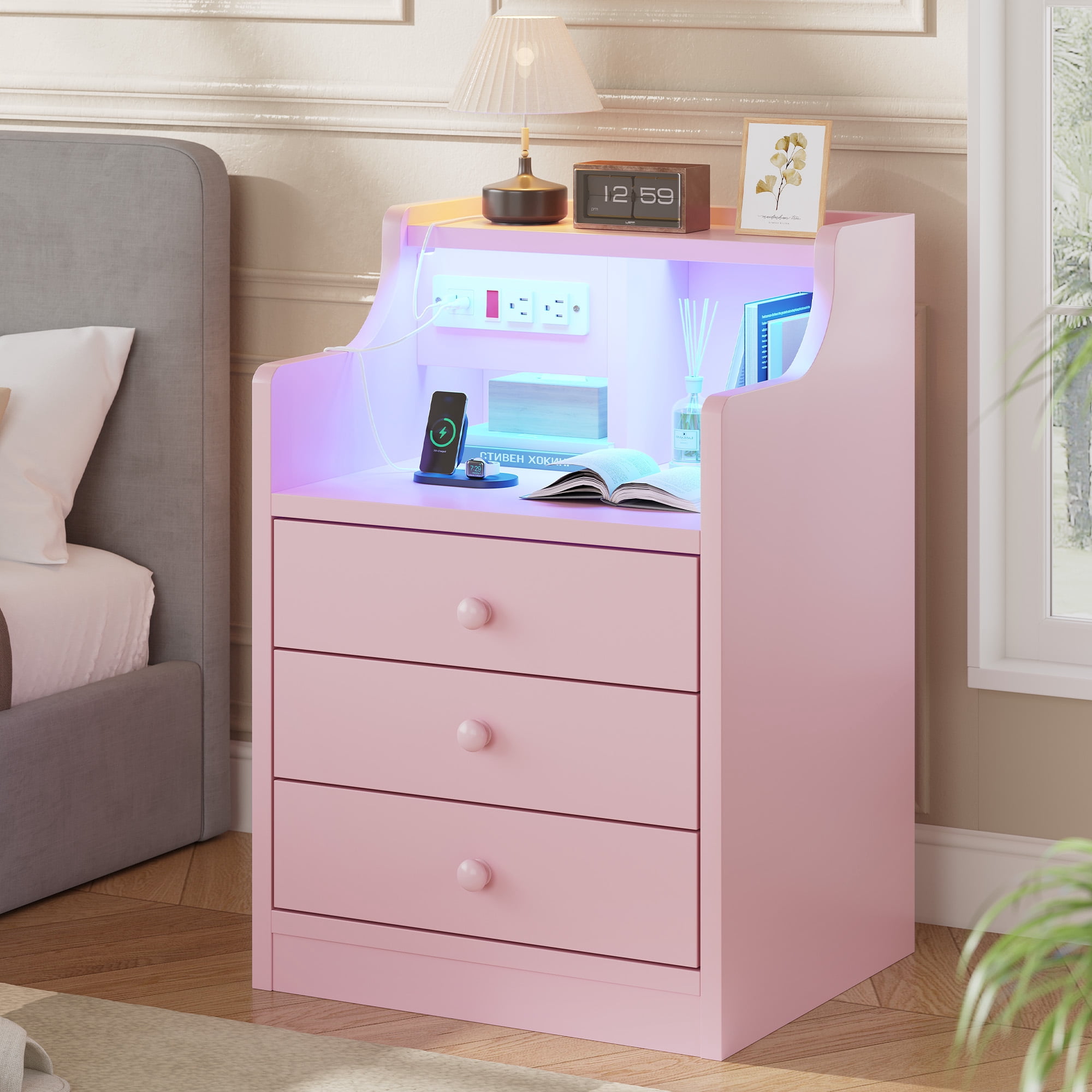 Pink Nightstand with Charging Station and LED Lights for Bedroom, Morden Night Stand with Hutch and Storage Drawers,End Side Table- 1Pcs
