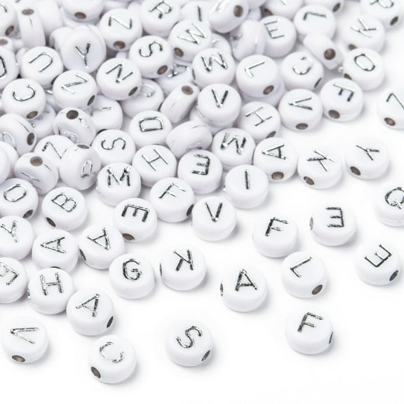 Plating Acrylic Beads Metal Enlaced Horizontal Hole Mixed Letters Flat Round Silver Plated 7x4mm Hole: 1.8mm