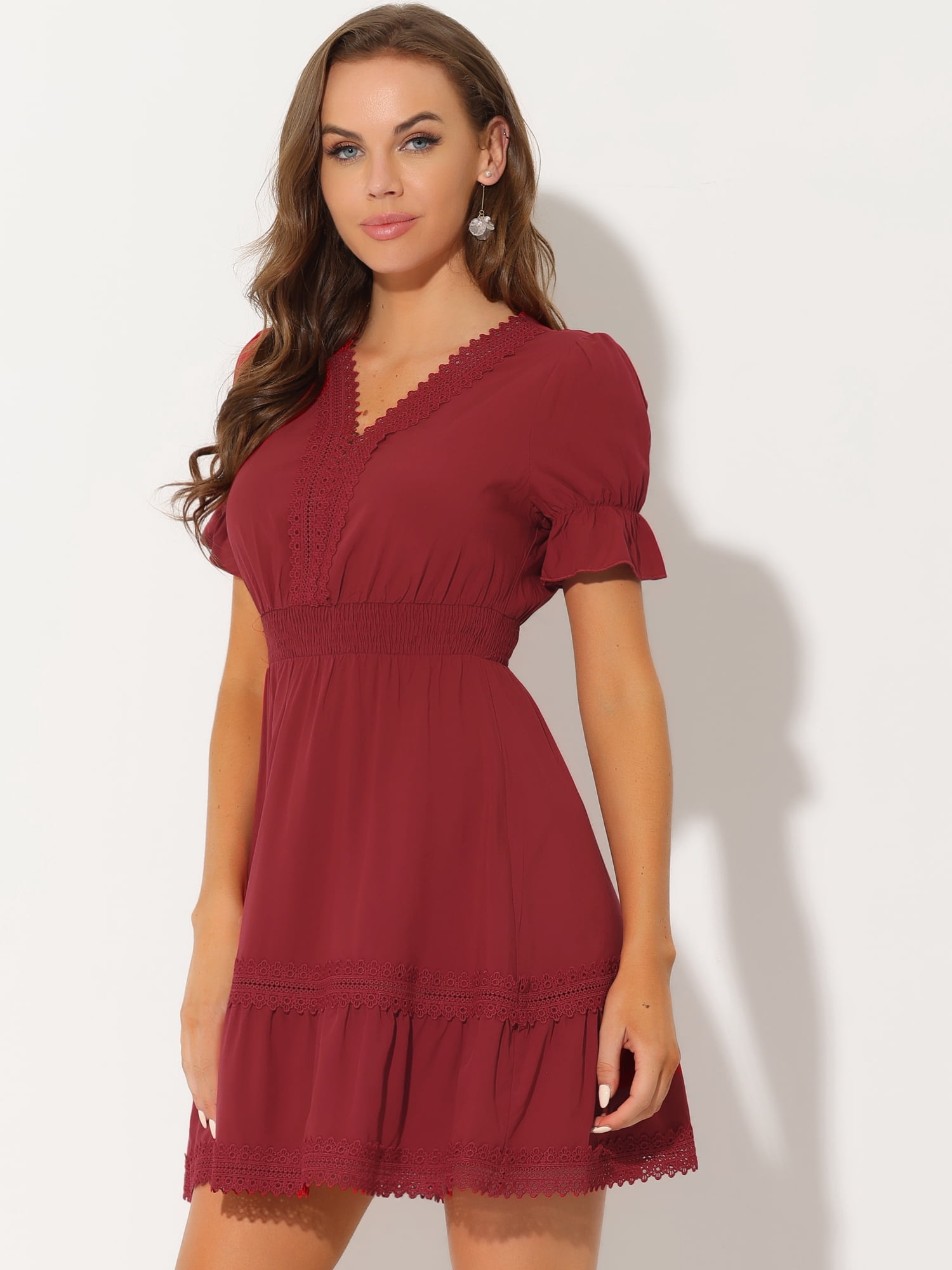 DARING DIVA V Neck Smocked Elastic Waist Short Sleeve Mini Dress XL Red