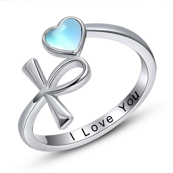 TANGPOET S925 Sterling Silver Rings Ankh Cross Ring Heart Moonstone Adjustable Open Rings Jewelry Gifts for Women Mom Mothers day Birthday