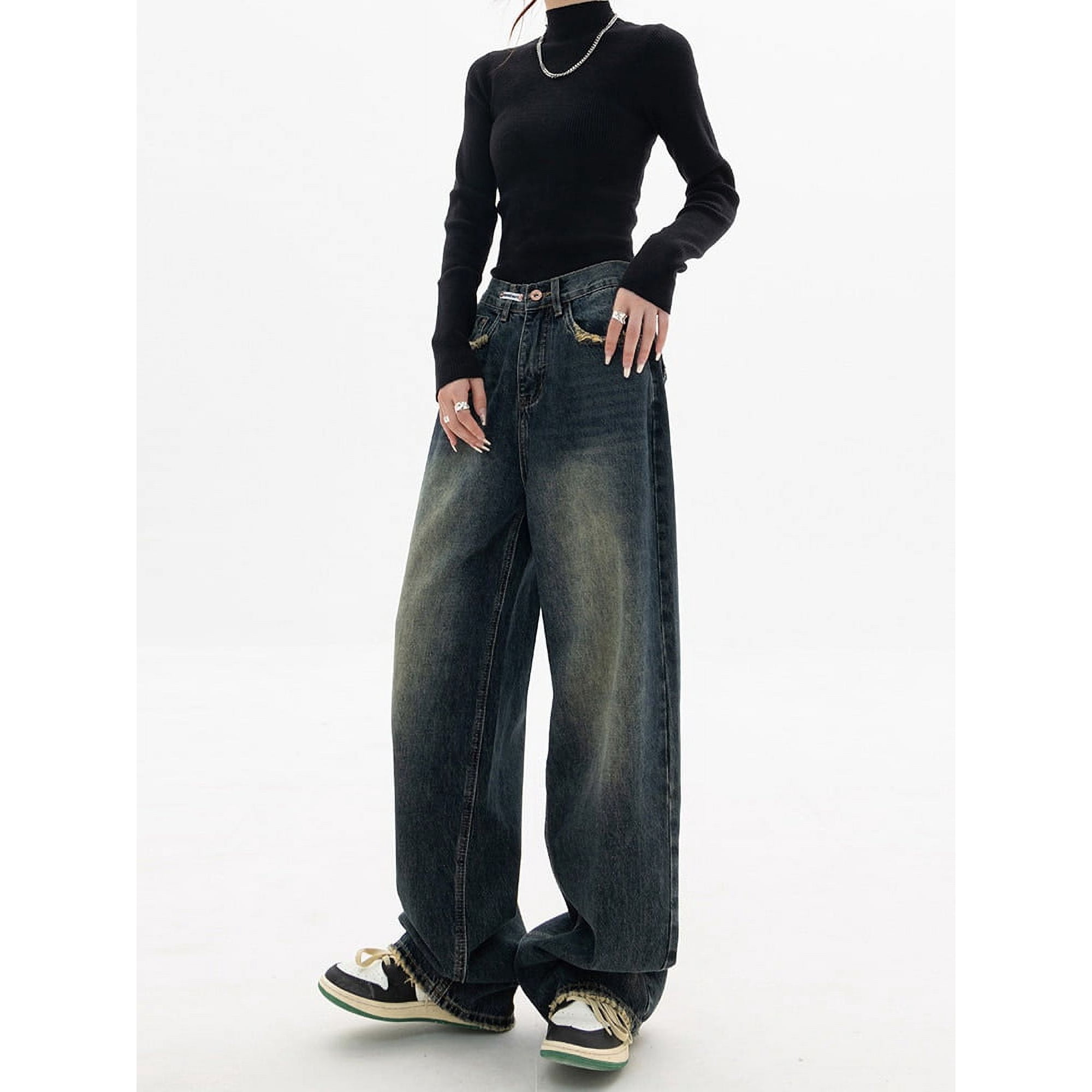 2023 High Waist Women s Jeans Harajuku Vintage BF Style Streetwear All match Loose Fashion Femme Wide Leg Denim Trousers Walmart