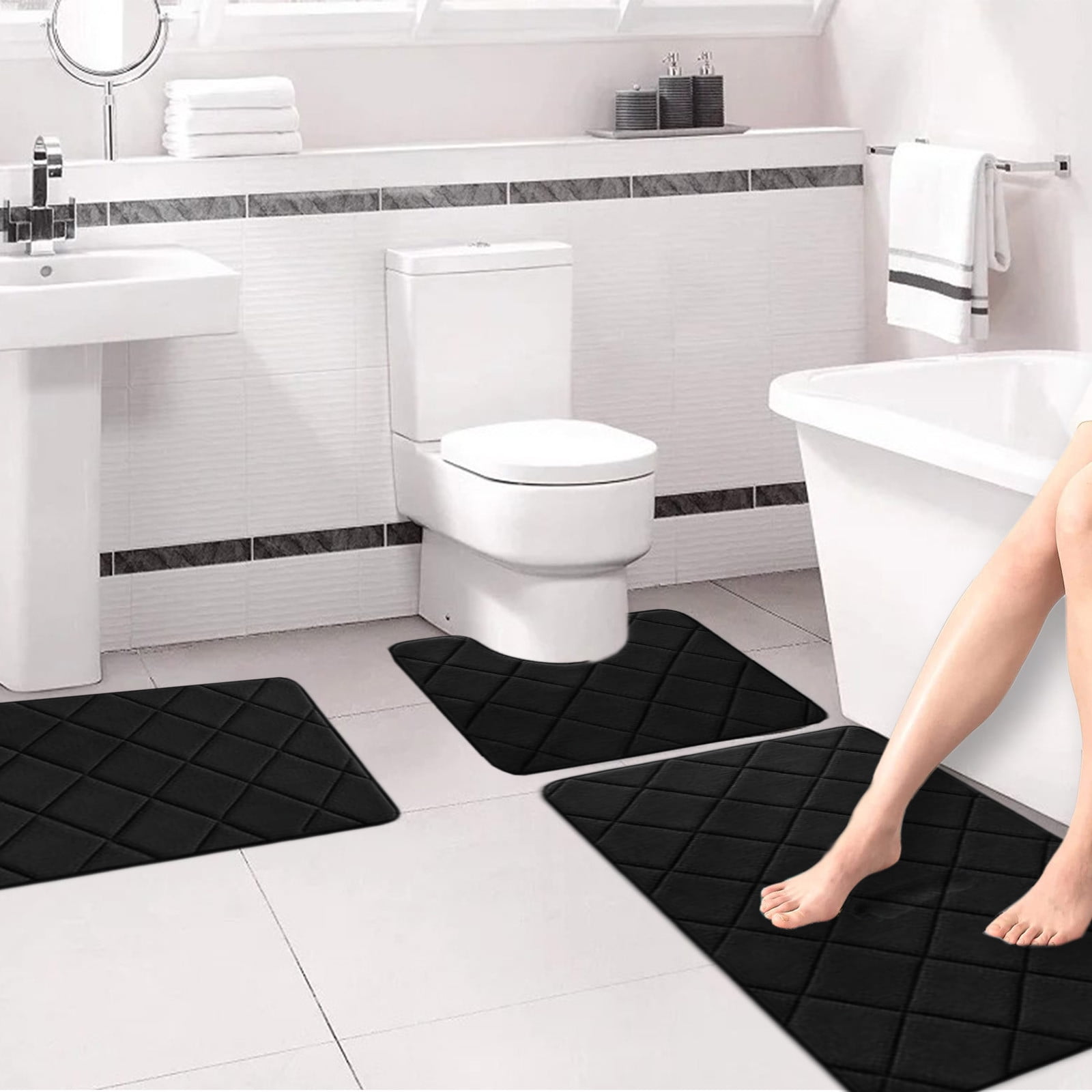 3 Pieces Luxury Bathroom Rug Set With U-Shaped Toilet Rug, Non-Slip Rubber Bottom, Thick Microfiber Fluffy Plush, Water Absorption, Machine Washable,Quick Dry, Ultra Soft, Bath Mats For Bathroom, Tub