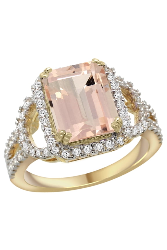 14k Yellow Gold Natural Morganite Ring Octagon 10x8mm Diamond Halo, 1/2inch wide, size 5