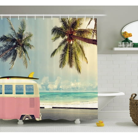 Surf Decor Shower Curtain Set, Minivan On The Beach Retro ...