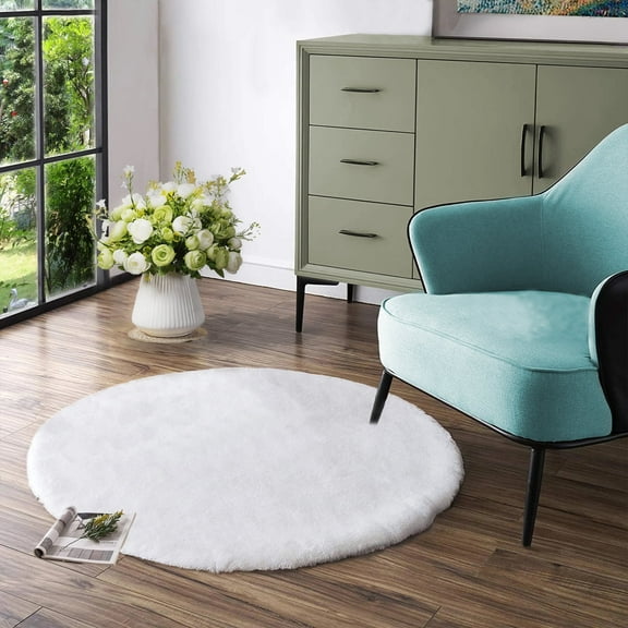 Latepis White Faux Rabbit Washable Fur Area Rugs Circle Rugs for Living Room Bedroom Teen Room Fluffy Area Rug 3ft Round Rug