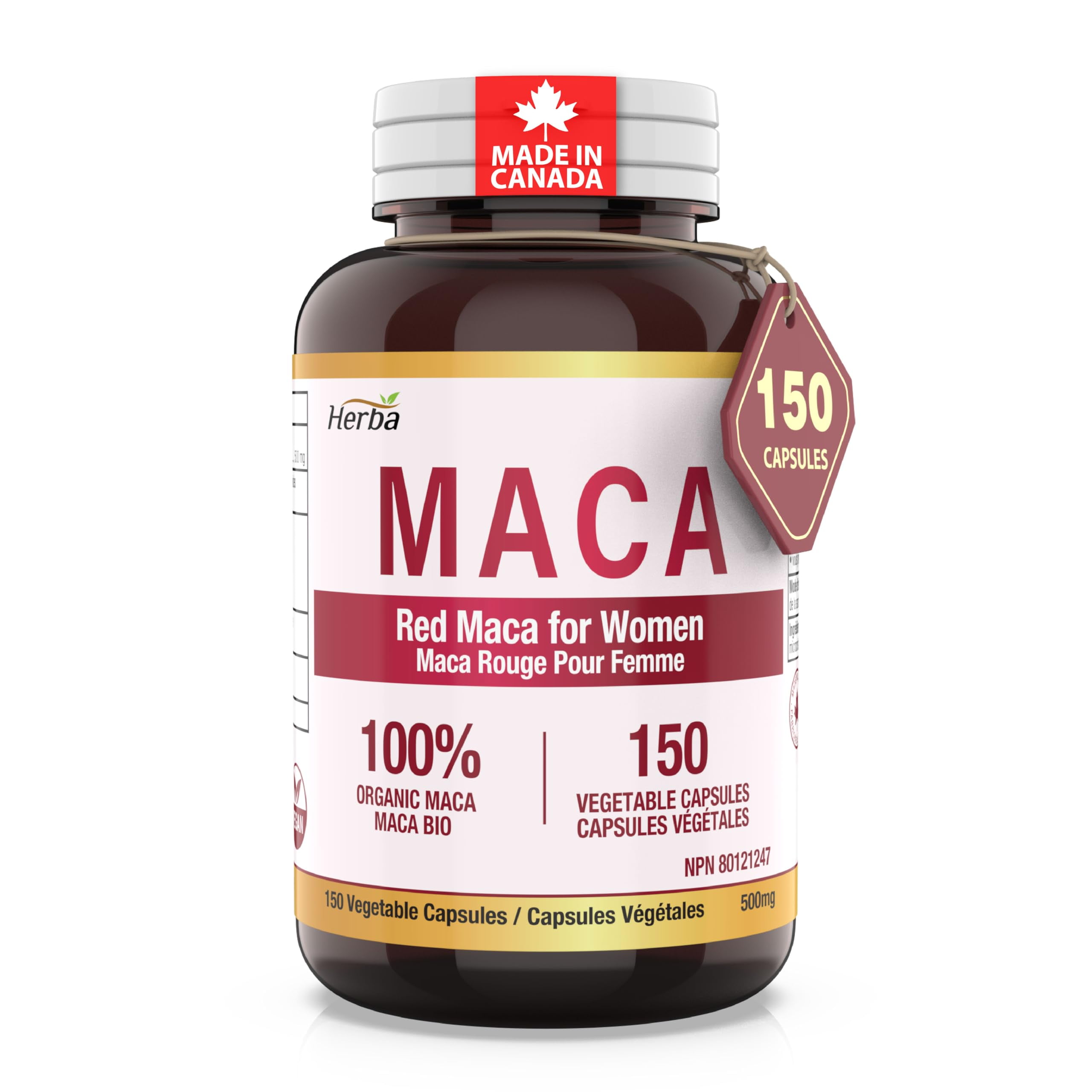 Herba Herba Organic Red Maca Capsules for Women – 500mg, 150 Capsules | Made in Canada
