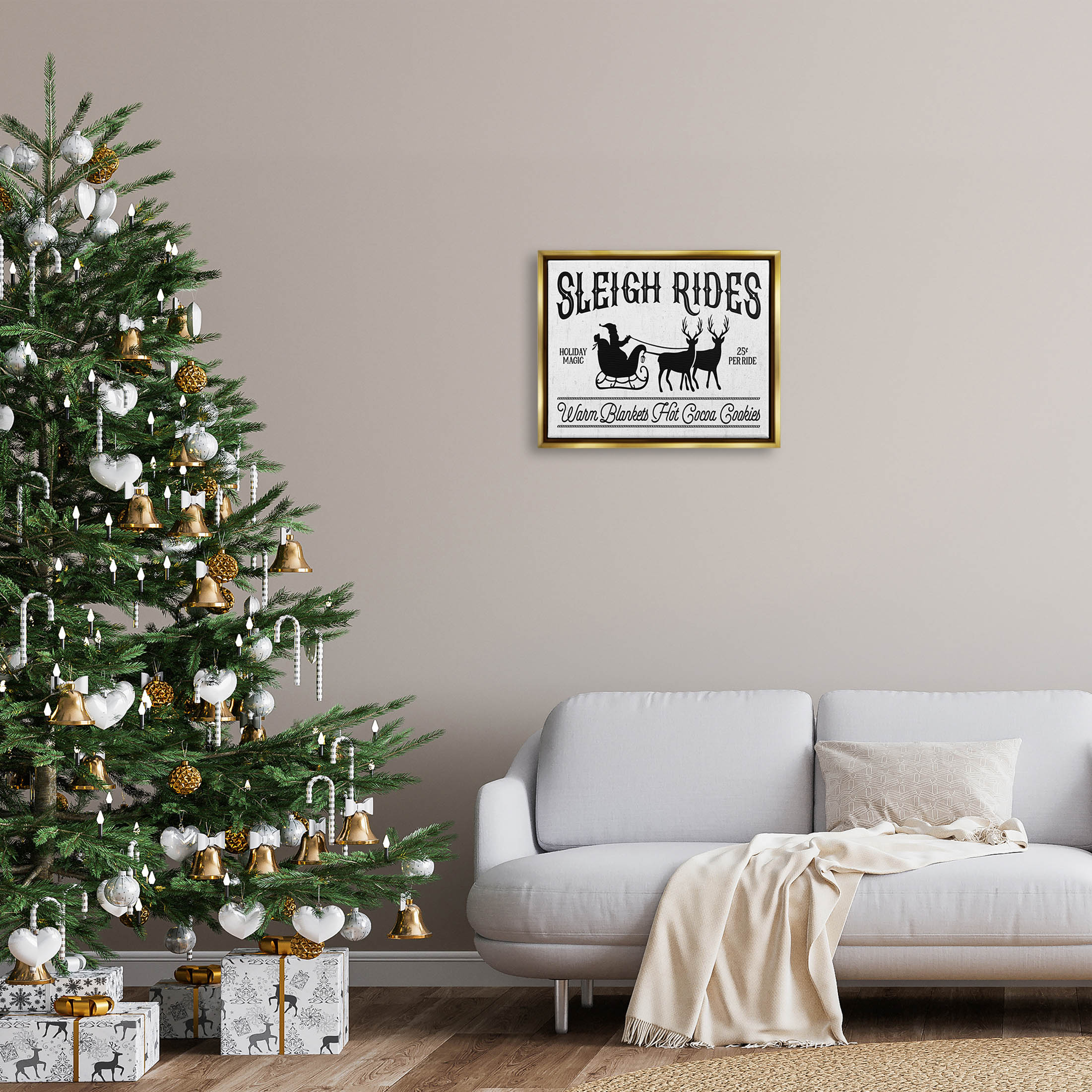Stupell Industries Sleigh Rides Vintage Santa Claus Graphic Art Metallic Gold Floating Framed Canvas Print Wall Art, Design by Lettered and Lined