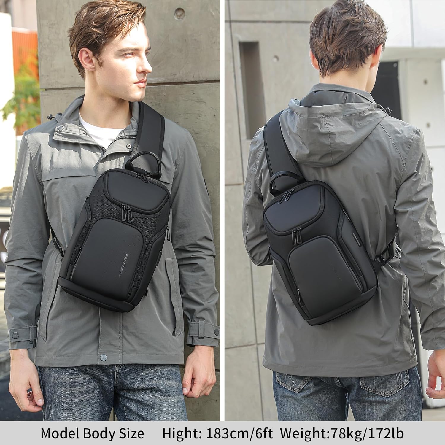FENRUIEN Sling Bag Crossbody Backpack with USB Charging Port,Black