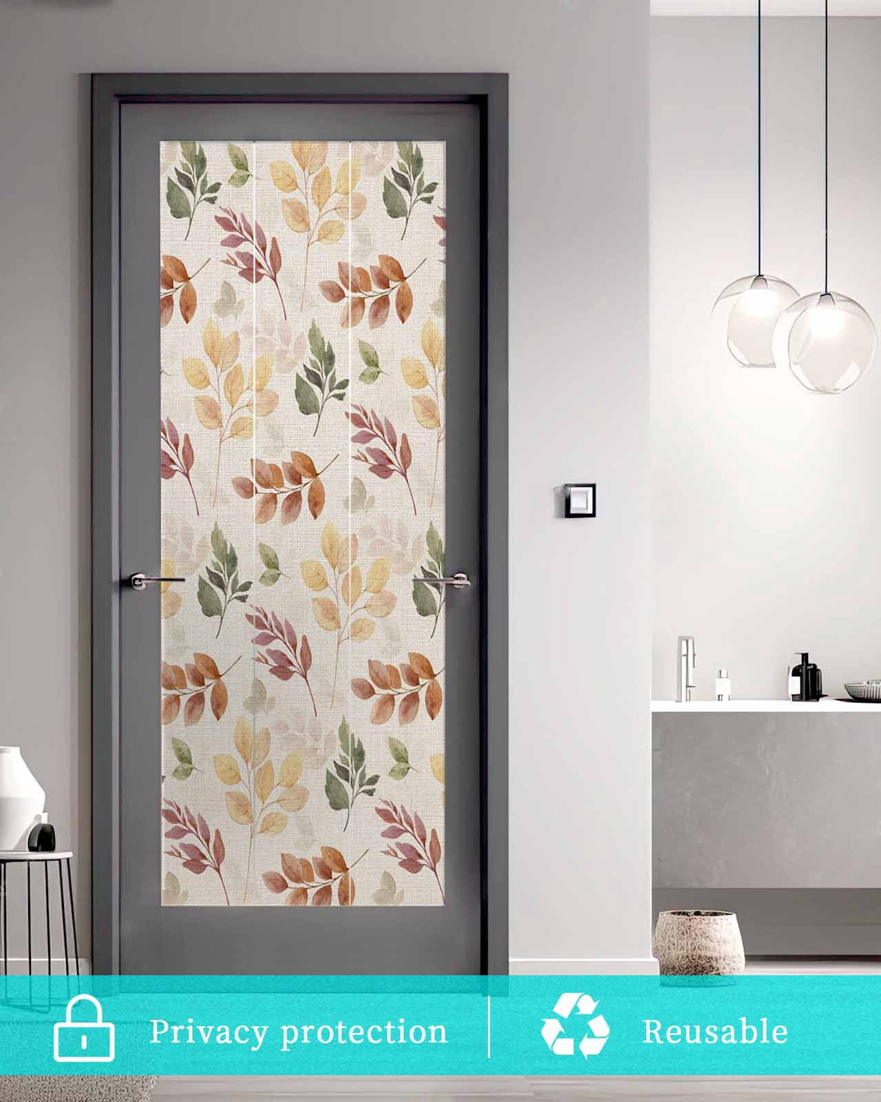 Window Privacy Film, Burnt Orange Yellow Eucalyptus UV Sun Blocking Window Tint Film Heat Control One Way Blackout Window Film, Fall Botanical Leaves Beige Non Adhesive Static Cling 29.5x78.7 In