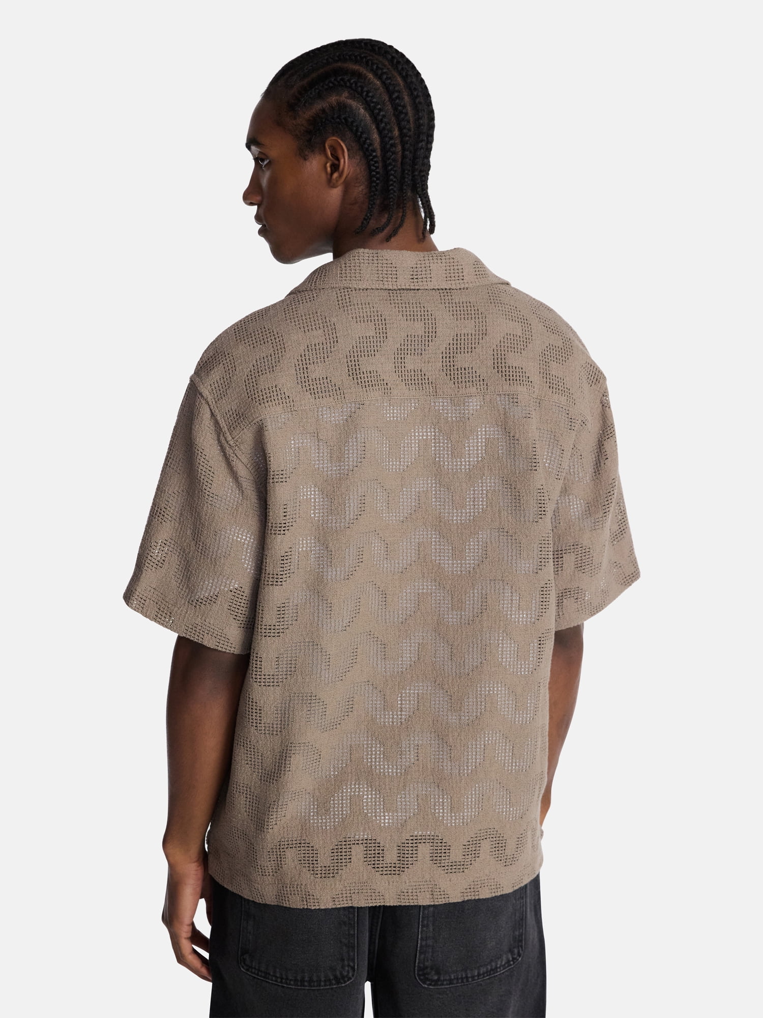 No Boundaries Textured Wave Design Resort Shirt with Short Sleeves, Men's XS-4XLT