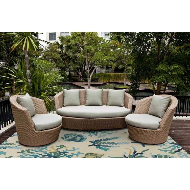 5'X8' Ivory Blue Hand Hooked Uv Treated Coastal Reef Indoor Outdoor Area Rug