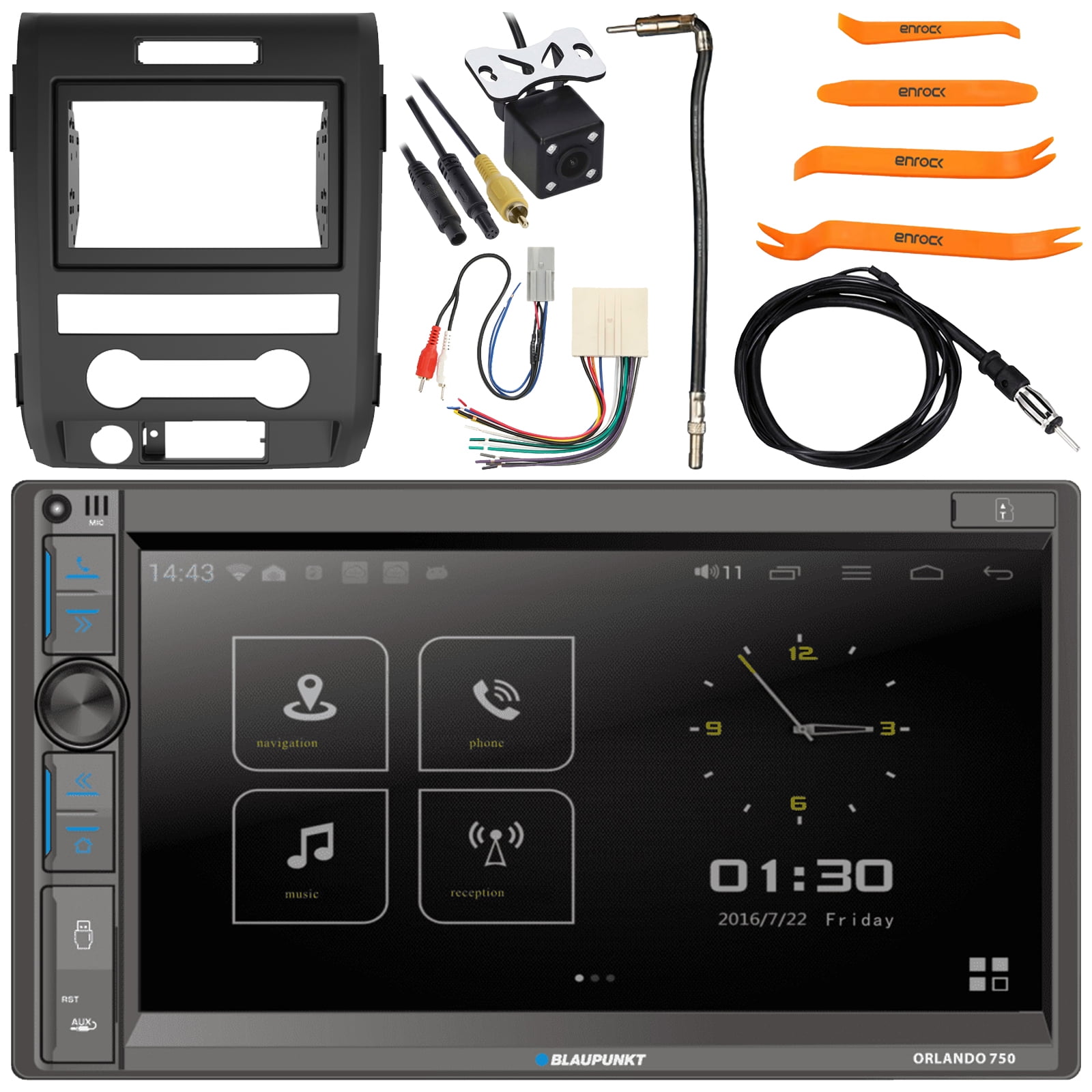 Blaupunkt Orlando 750 6.9" Touchscreen Double DIN Bluetooth AM/FM Radio Car Audio Receiver w/ Install Kit, Wiring Harness, Antenna Adapter, Rear View Camera, Antenna, Pry Tool Set (1998-2012 Ford)
