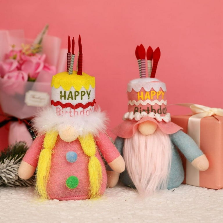 2PCS Happy Birthday Faceless Gnomes Doll with Cake, Happy Birthday Tomte  Plush Birthday Gifts Handmade Scandinavian Party Hat Home Ornaments
