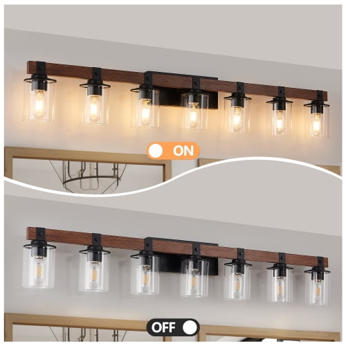 ACE-LIGHTS,7-Lights Farmhouse Rustic Bathroom Light Fixture with Glass Lampshade(Bulbs Not Included),Vanity Lights Fixture for Bathroom,Dressing Room,Bedroom,Living Room(Black)