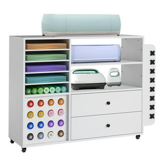 CRUDATE Rolling Craft Storage Cart With Drawer & Vinyl Holders - Mobile Workstation For Cricut Machines, White