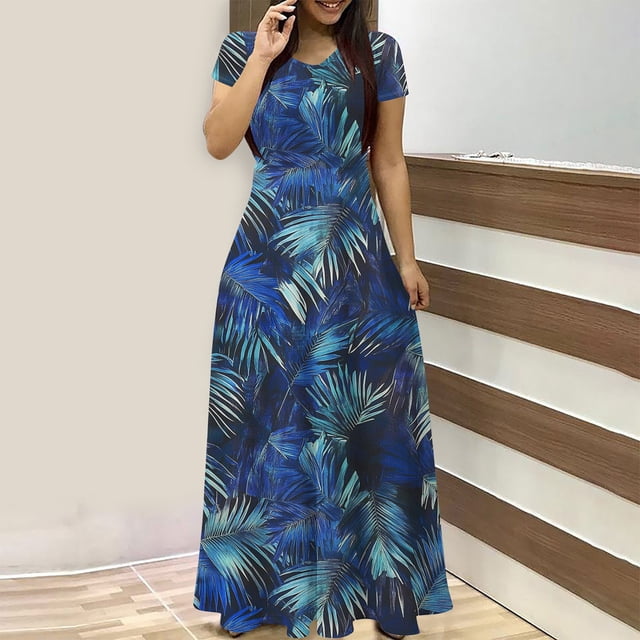Ovzne Robes d'Été pour Femmes Robe de Plage Mode Dames Femmes Robe à Manches Courtes Col Rond Robes Longues Imprimées Robe de Vacances avec Poches Robe à Manches Courtes Imprimée Liquidation