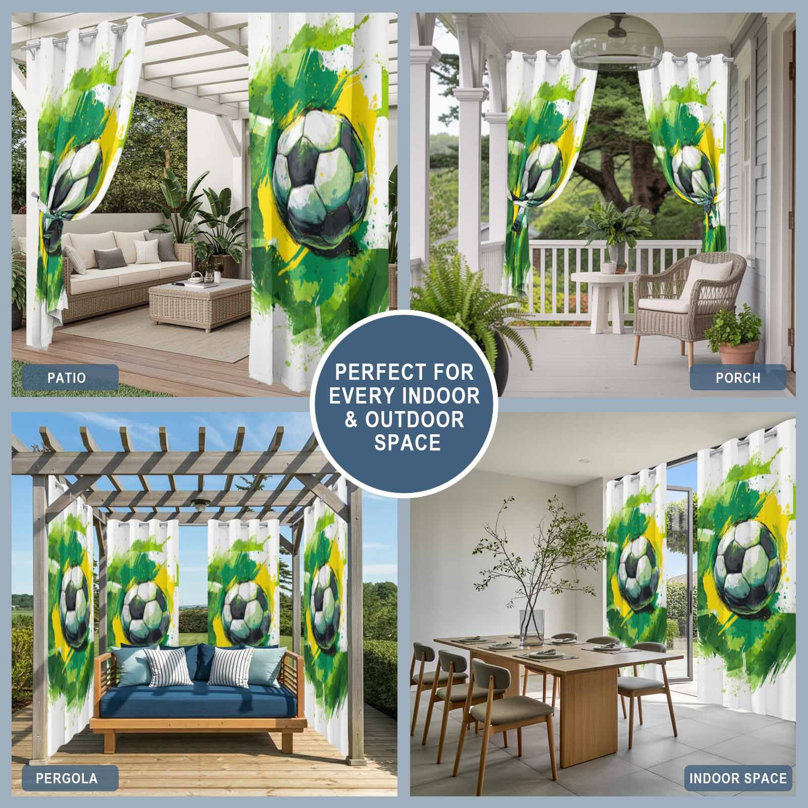 Soccer Sport Outdoor Curtains for Patio, Modern Dynamic Football Match Abstract Green Yellow Waves Sunshade Privacy Drapes Grommet Waterproof Outside Curtains for Porch Balcony 54"x108", 1 Panel