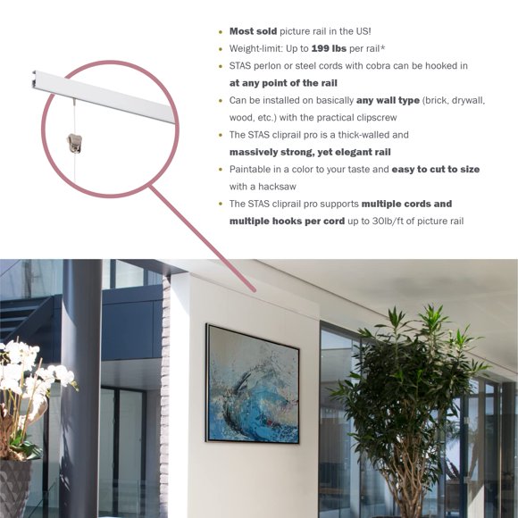 STAS Cliprail Pro Picture Hanging System- Complete Kit- Heavy Duty Track and Art Hanging Gallery Kit for Home, Office or Public Space (Matte Silver)