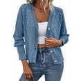 thumbnail image 2 of Cardigan Boutonné avec Perles pour Femmes, Tricot à Col en V Manches Longues Bleu G, 2 of 8