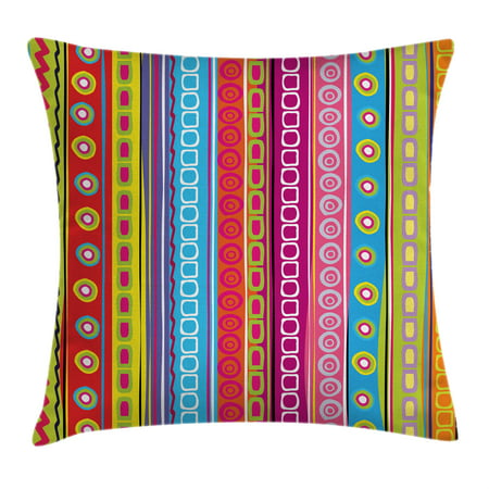 Striped Throw Pillow Cushion Cover, Colorful Retro Stripes Circles Boho Pattern 90's Style Ethnic Rainbow Art Print, Decorative Square Accent Pillow Case, 16 X 16 Inches, Multicolor, by