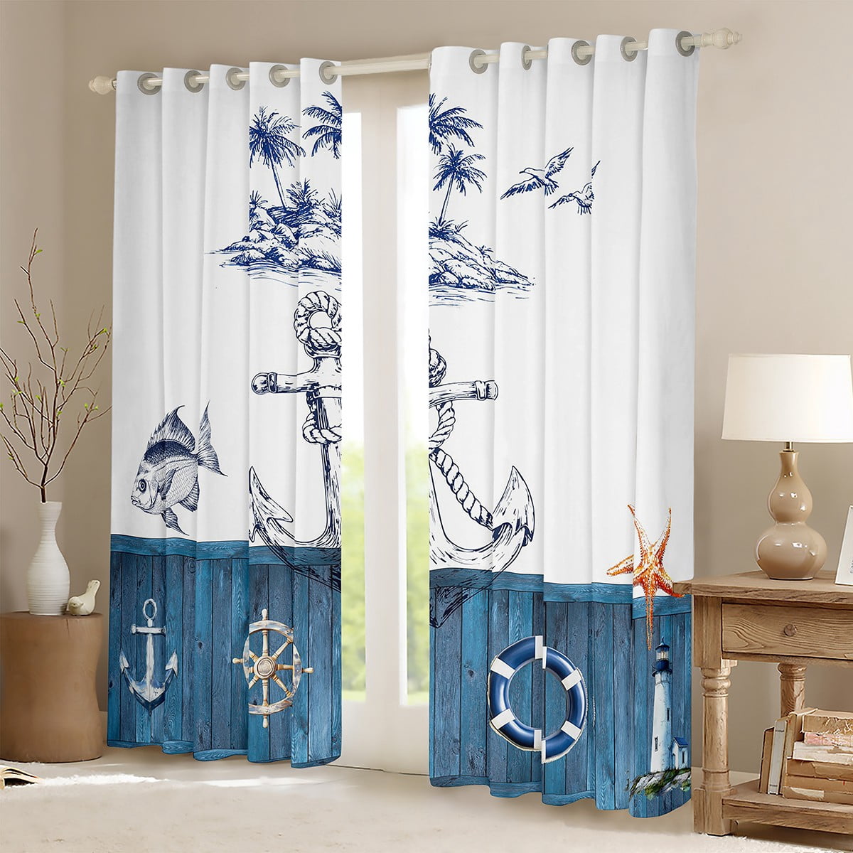 Erosebridal Nautical Anchor Lighthouse Curtains for Living Room,Ocean Sea Blackout Curtains Set of 2 (38x45),Lodge Cabin Curtains and Drapes (38x45),Marine Bedroom Decoration