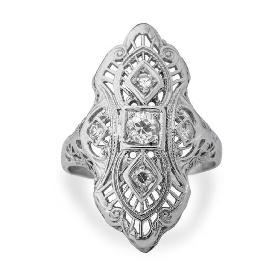 Navette Diamond Ring, Openwork Filigree Diamond Ring, Engraved Shank Ring, Antique Five Stone Diamond Engagement Ring, Elongated Ring, 14K White Gold Plated, 2.0 Ct Simulated Diamond