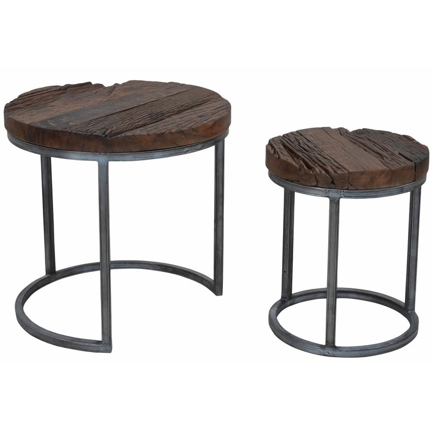 Kalla Old Wood Round Nesting Tables with Silver Base Kalla Old Wood Round Nesting Tables with Silver Base