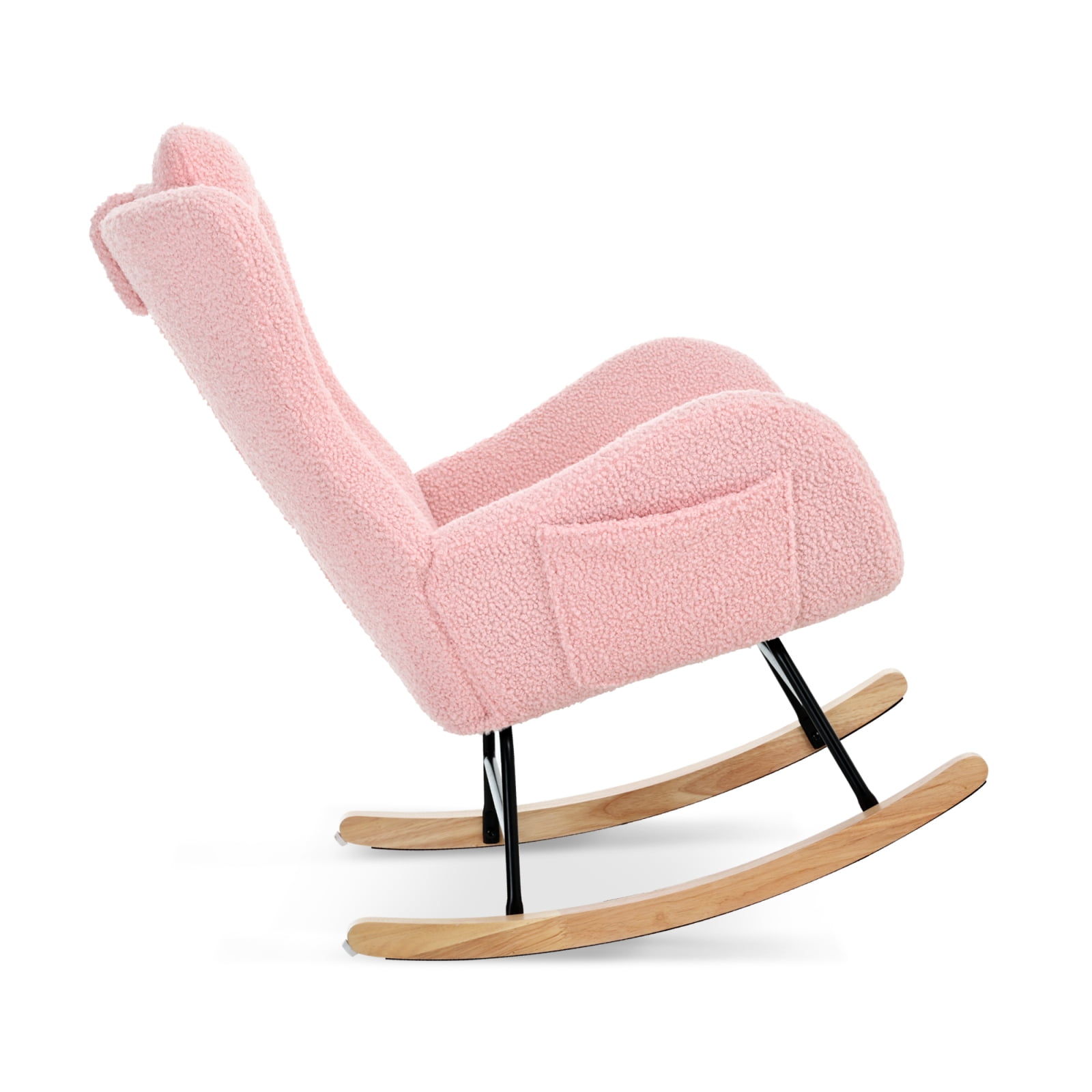 Rocking Chair Nursery, Teddy Upholstered Rocker Glider Chair with High Backrest, Adjustable Headrest & Pocket, Comfy Glider Chair for Nursery, Bedroom, Living Room, Offices, Rubber wood, pink 80119