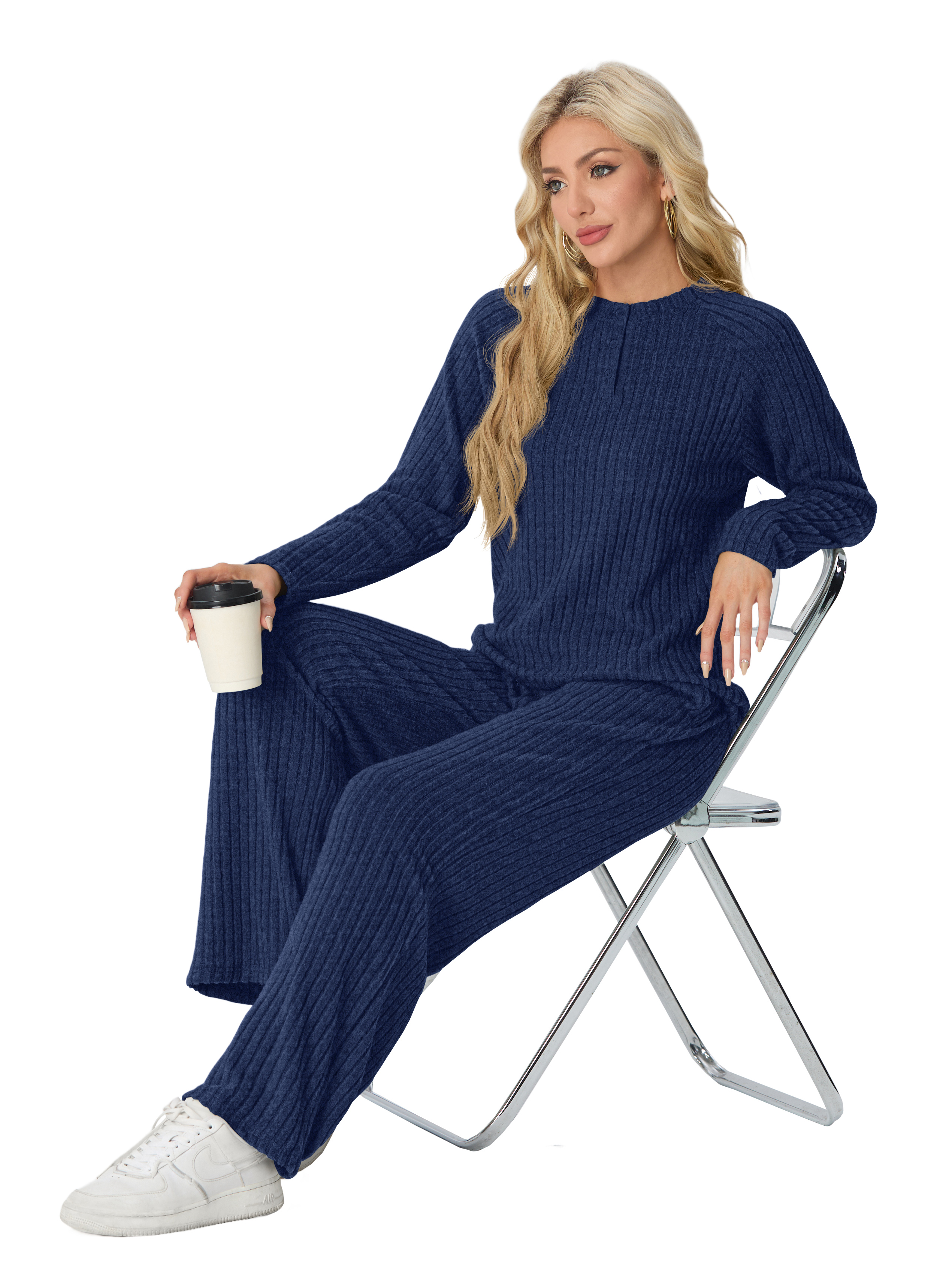 MINTREUS Women's Ribbed Knit Pajama Set Long Sleeve photo 6