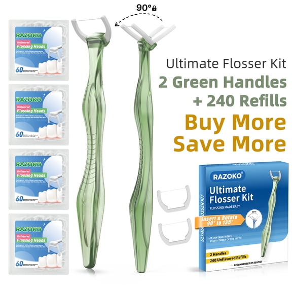 RAZOKO Flosser Kit with 135° Angled Long Handle, 240 Refill Heads and 2 Reusable Handles - Green, 240 Count