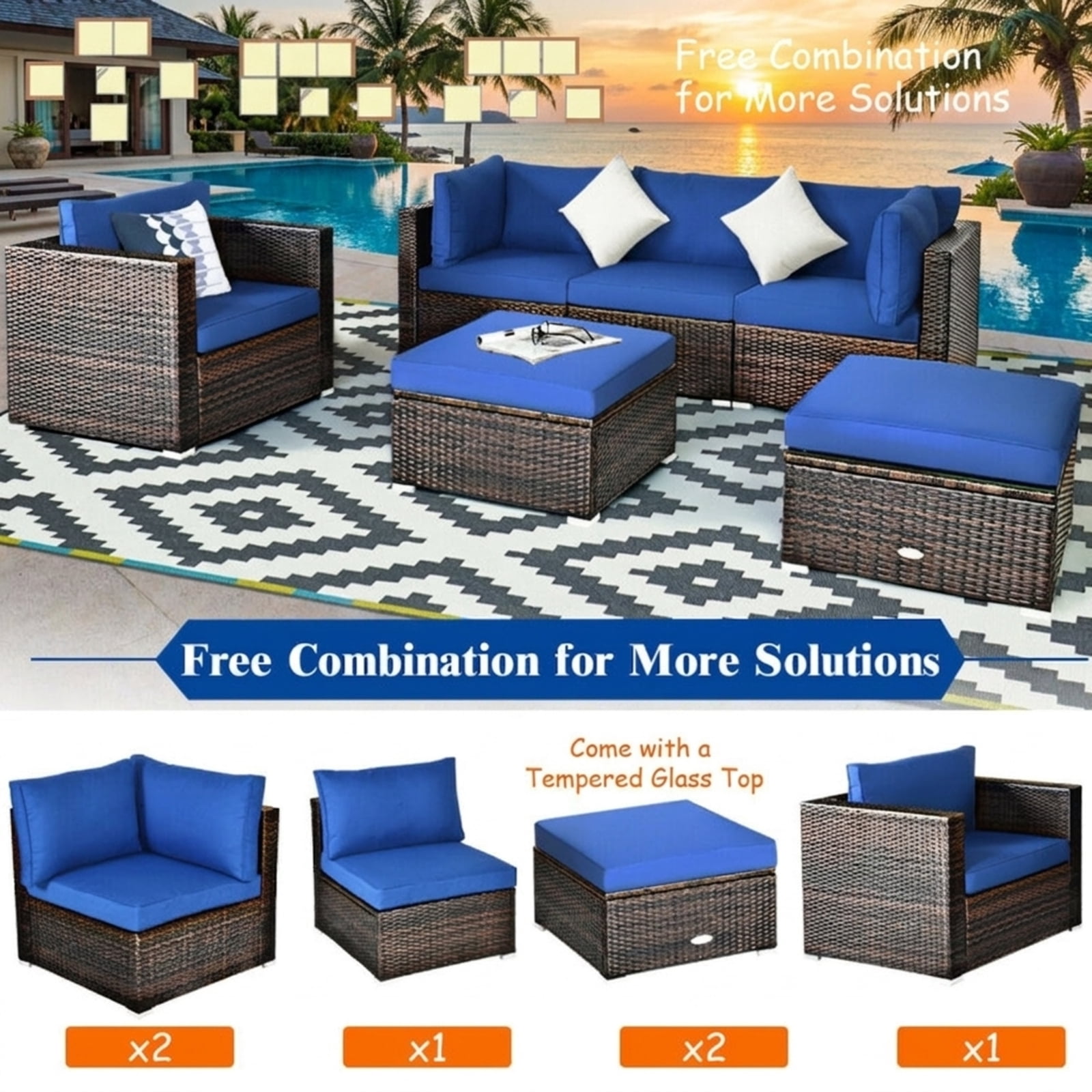 Furnibear 6 Piece Patio Rattan Furniture Set Outdoor Sectional Sofa Conversation Set with Cushions and Glass Table for Backyard Garden, Navy