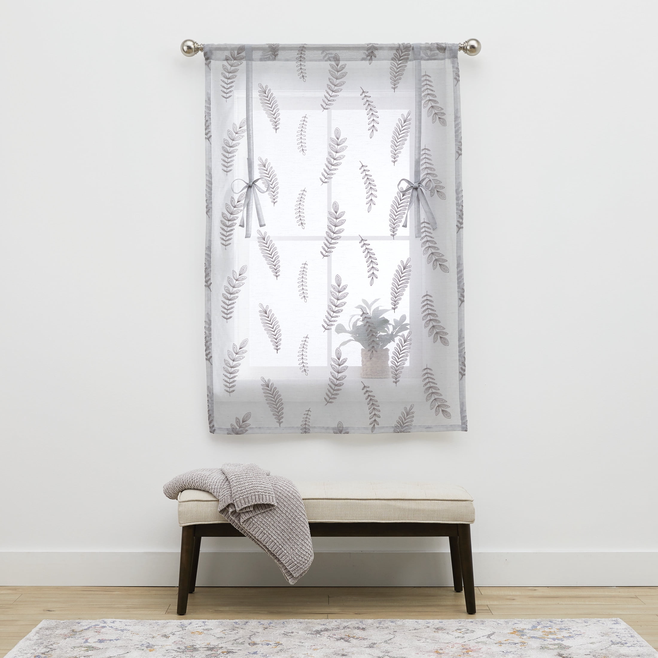 Better Homes & Gardens Embroidered Botanical Balloon Shade, Soft Silver, Polyester, Recycled Poly, Linen, 42"W x 63"L, 1 Piece, Indoor Window Curtain, Adult