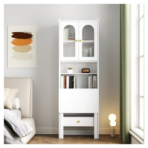 Fold-Out Convertible Writing Table, Desk Cabinet with shelf and drawer Multi-Function Home Office Workstation