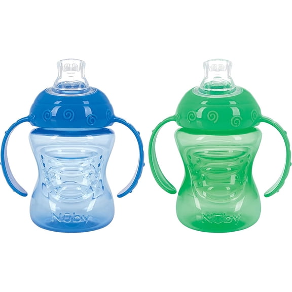 Nuby Two-Handle No-Spill Super Spout Grip N' Sip Cups, 8 Ounce 2 Count, Blue, Green