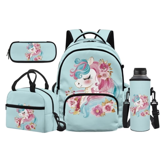 Uorisanigo Floral Horse Kids School Backpack Book Bag with Insulated Lunch Box & Pencil Case & Water Bottle Sling Bag Casual School Bag Set for Youth Primary School Students - 4 Pack