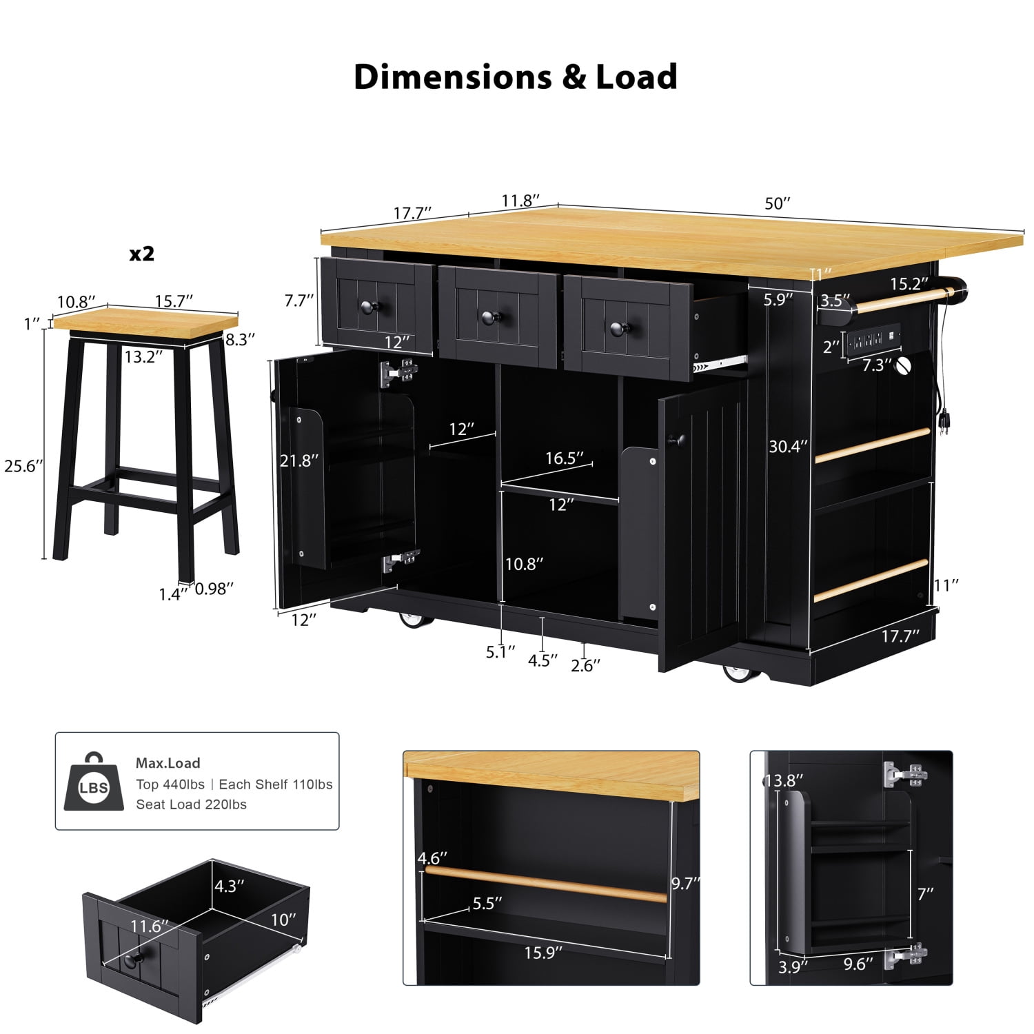 Harper & Bright Designs Large Kitchen Island with 2 Bar Stools and Power Outlet, Kitchen Storage Cart on 5 Wheels with Drop Leaf and Door Internal Storage Rack & 3 Drawers, Black