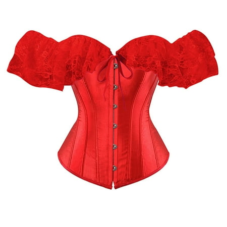 BYHONG Women Lace Up Vintage Boned Bustier Corset with Garters Lace Up Boned Overbust Corset Bustier Lingerie Bodyshaper Womens Corset Red Corset Tops for Women M
