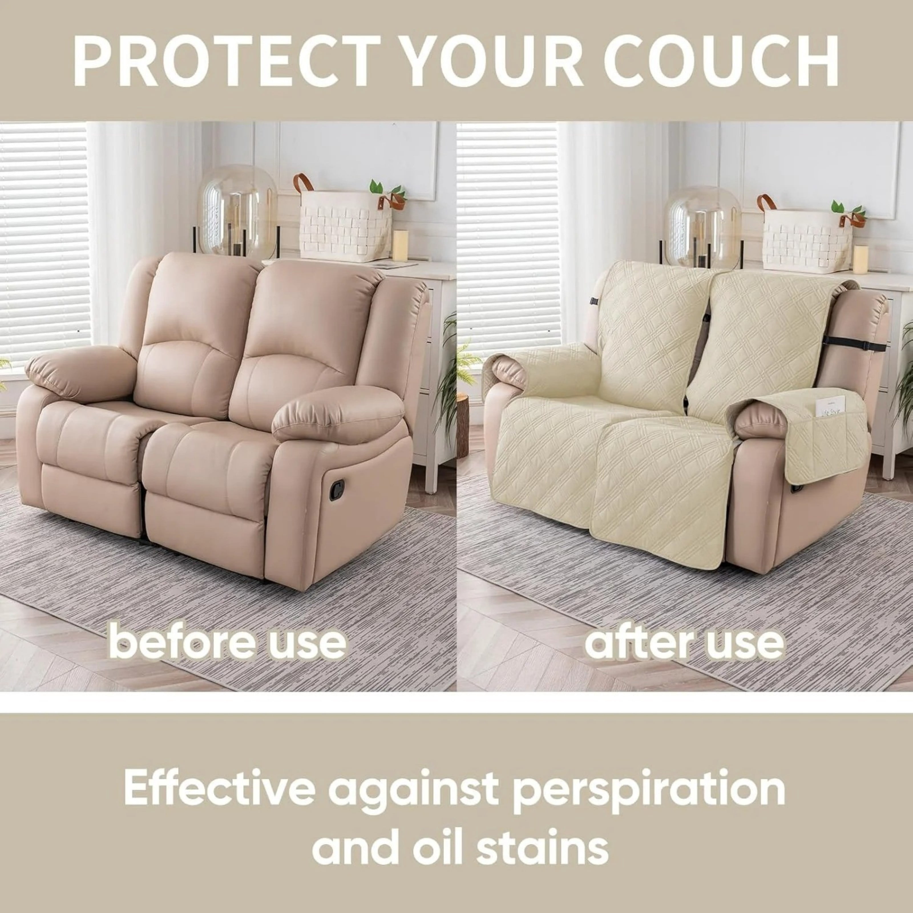 Lavish Cover 100% Waterproof Recliner Loveseat Cover, 2 Pieces Non-Slip Recliner Couch Slipcovers, Washable Furniture Protector with Pockets & Elastic Straps for Kids Pets, 2 Seaters, Beige