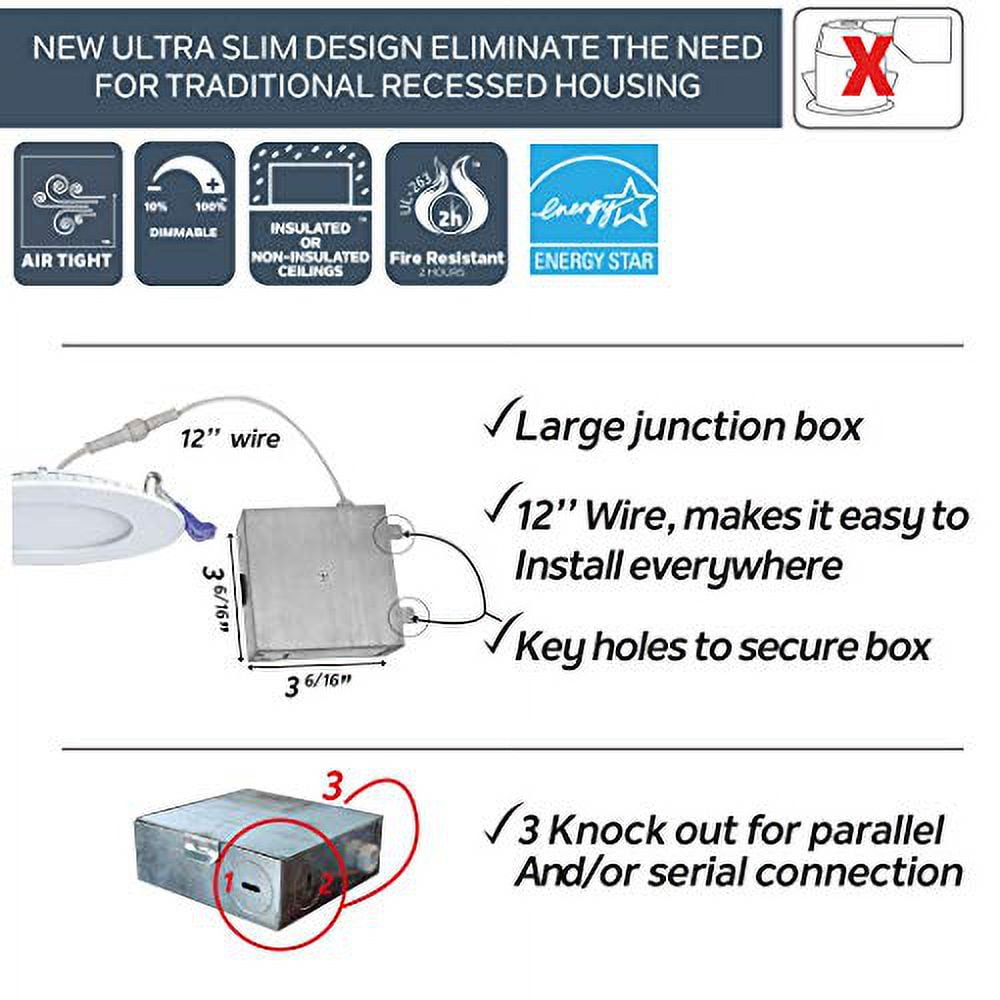 Nadair, 6’’ LED Recessed Ultra Slim Lights, 4000K (cool white), 1-Pack, IC Rated, Dimmable, 15W=90W, 1125 Lumens, Quick Connect System, White Finish / Brushed nickel trim included, Round