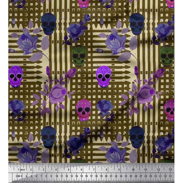 Soimoi Modal Satin Fabric Leaves,Rose & Skull Halloween Decor Fabric Printed Yard 42 Inch Wide