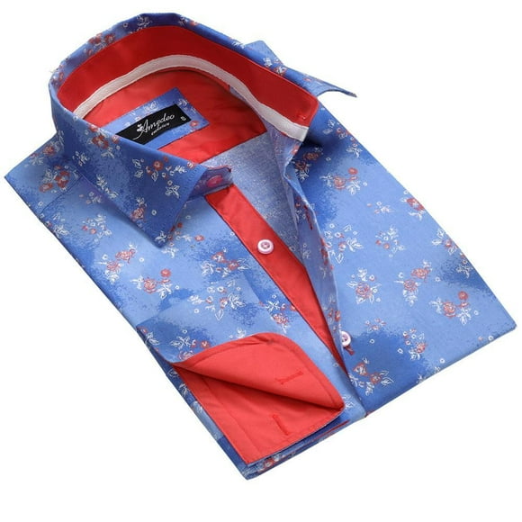 Amedeo Exclusive Chemises Habillées pour Hommes Bleu à Motif Floral Ajustées à Poignets Français avec Trous pour Boutons de Manchette - Décontractées et Formelles, Petit