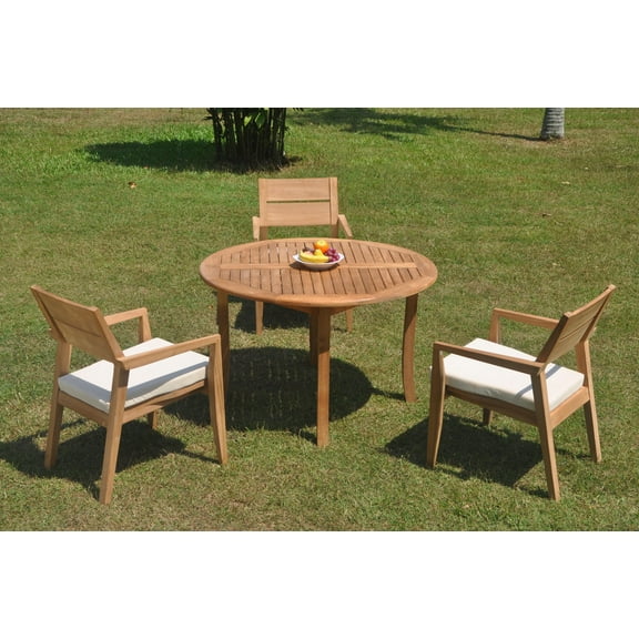 Grade-A Teak Dining Set: 3 Seater 4 Pc: 48" Round Table And 3 Vellore Stacking Arm Chairs Outdoor Patio WholesaleTeak #WMDSWVm